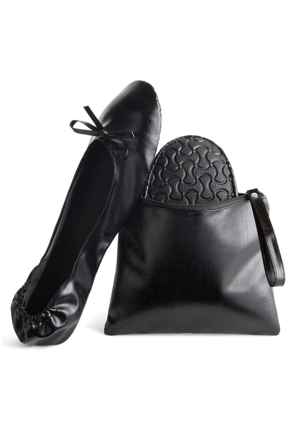 Black Foldable Ballet Flats for Women, Roll Up Flats with Zipper Pouch, US Size 8.5-9.5