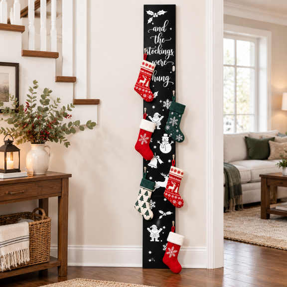 Black Foldable Christmas Stocking Holder Stand with 6 Metal Hooks for Holiday Decor