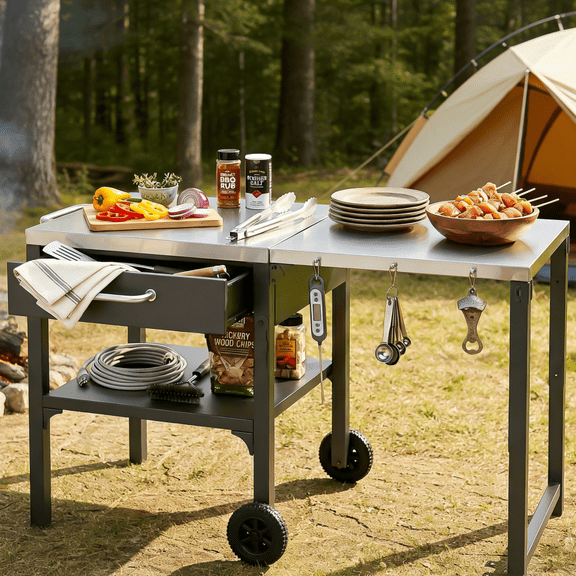 Black Foldable Outdoor Prep Station BBQ Cart with Trash Rack, Foldable Top & Storage for Backyard Patio