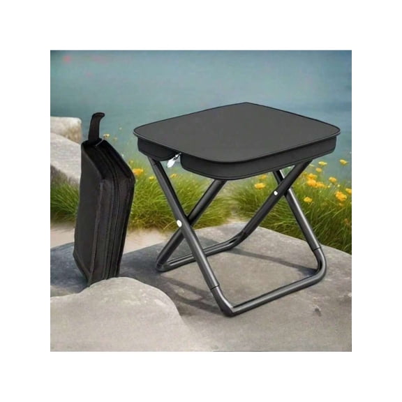 Black Foldable Outdoor Stool With Carry Bag, Portable Camping Chair For Fishing, Picnic, Travel