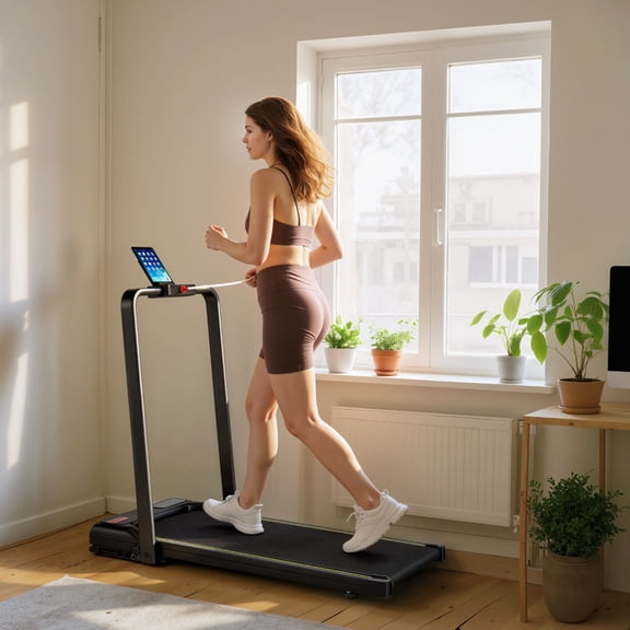 Black Foldable Running Mat, Equipped with LED Display and Remote Control, Adjustable Slope, with Mobile Wheels, Suitable for Use Under Office Desks and In Bedrooms.