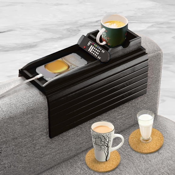 Black Foldable Sofa Armrest TV Tray Table with 2 Cork Coasters