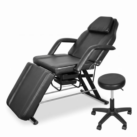 Black Foldable Spa Bed with Memory Foam and Rolling Stool, 70.8" Long Reinforced Steel Frame Massage Chair, Tool-Free Accessory Removal for Tattoo, Clinic & Studio Use