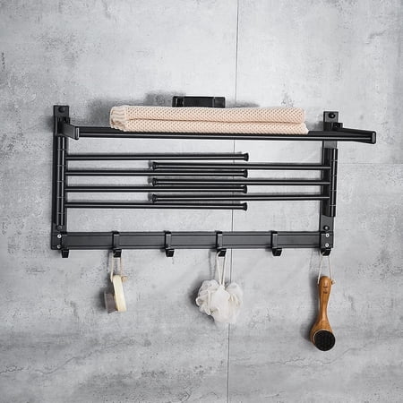 Black Foldable Wall Mounted Swivel Towel Rack with Hooks and Swing Arms Space Aluminum