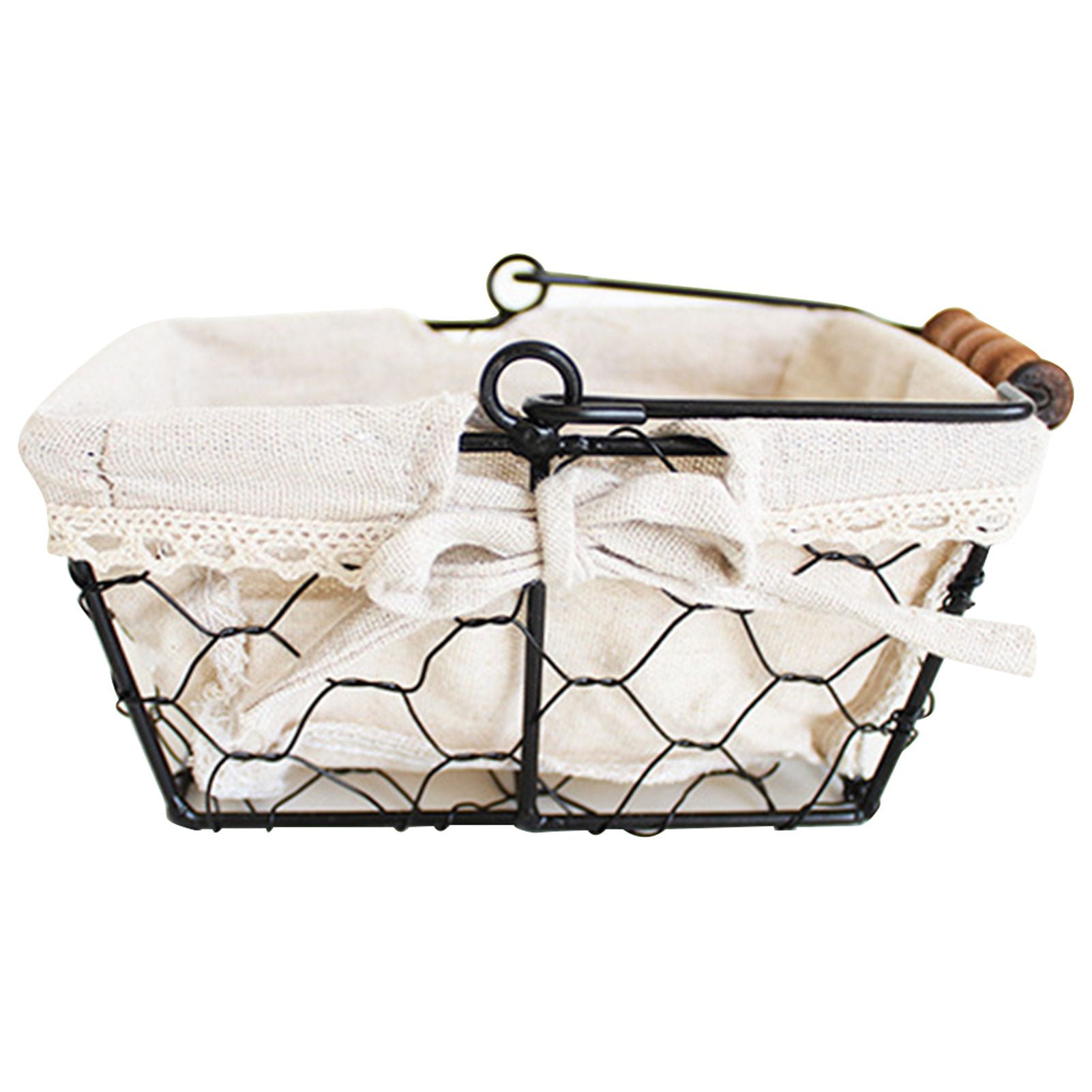 Black Foldable Wire Baskets, Wooden Handles, Liner Cloth, Perfect for