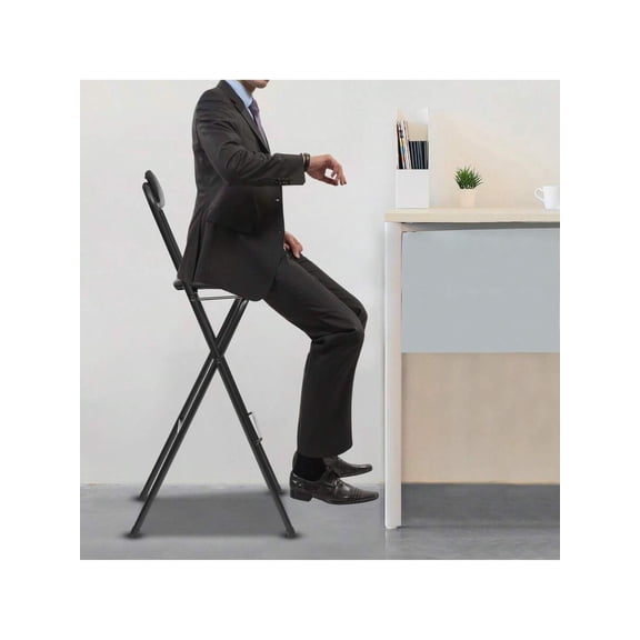 Black Folding Bar Stool With Back, Tall Padded Portable Counter Height Stool For Kitchen Island
