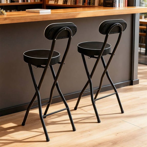 Black Folding Bar Stool With Backrest Set Of 2, Modern Foldable Counter Chairs With PU Cushion, Steel Frame 25.6 Height For Kitchen Island Cafe