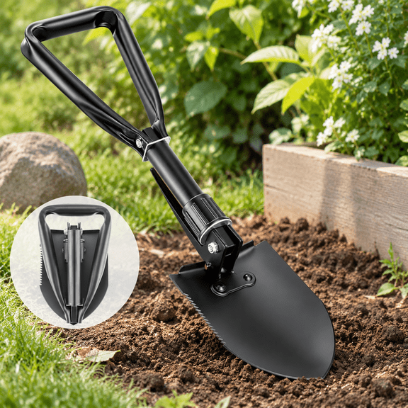 Black Folding Camping Shovel, 24" High Carbon Steel Tool