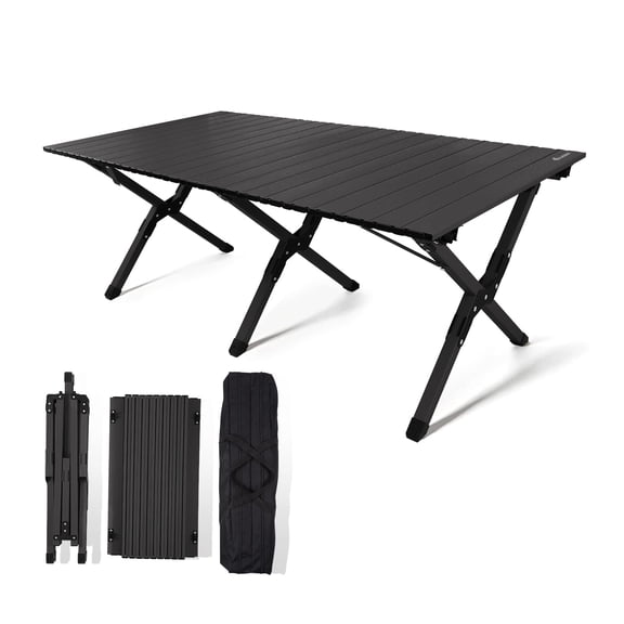 Black Folding Camping Table, Lightweight Aluminum Roll-Up Picnic Table