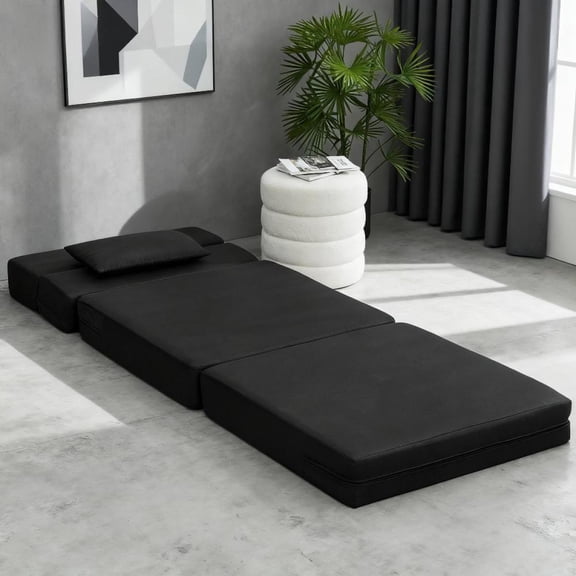 Black Folding Chair Bed with Pillow - Modern Linen Sleeper Sofa Bed for Living Room Multi-Functional Convertible Furniture