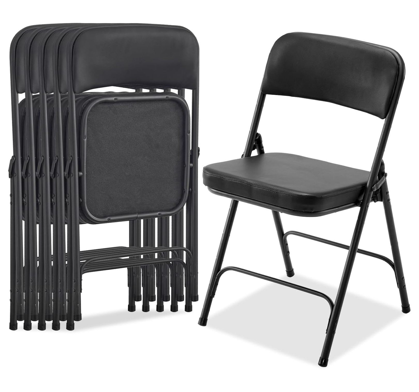 Black Folding Chairs 6 Pack with Thick Padded Seats, Portable Stackable