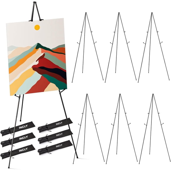 Black Folding Easels for Display, 6 Pack 63 Inch Metal Stand Instant Tripod Collapsible Portable Floor Easels Adjustable Folding for Artist Poster Display Show Wedding Painting with Carry Bag
