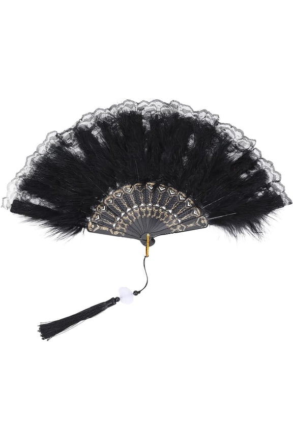 Black Folding Feather Fan Handheld Foldable Vintage Style 1920S Flapper Embroidered Lace Flower Patterns with Tassel Pendant Furry Fans for Women Costume Party Dancing Decoration