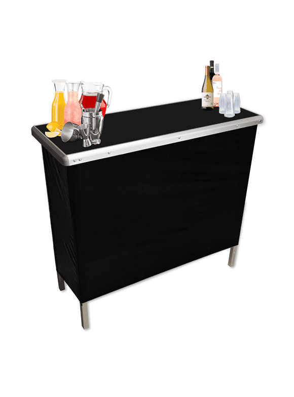Black Folding Portable Party Bar with Storage Shelf, Carrying Bag, & 2 Skirts (40" L x 36" H) - Single