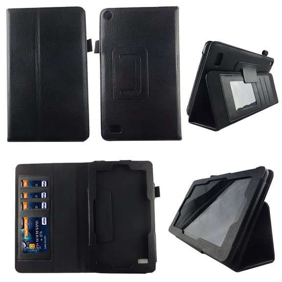 Black Folio Case  Fire 7 inch Slim Fit Pu Leather Standing Protective Cover for Amazon Fire 7 Tablet 2015 5th Gen Stylus Holder ID Slots