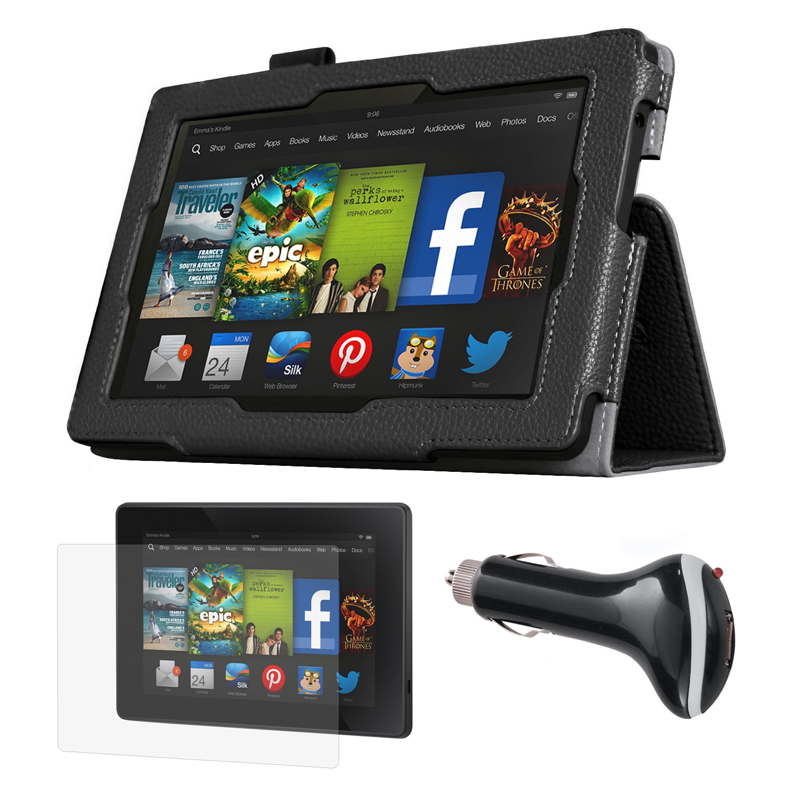 Black Folio Case with Screen Protector and Car Charger for Kindle Fire