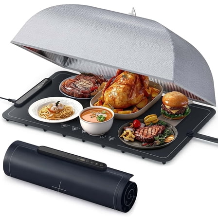 Warming Mat For Food with Cover, Fast Heating Electric Warming Tray with 7 Level Temperature, Rolled Up Portable Mats for Buffet, Party, Family Gatherings, Holiday, Black