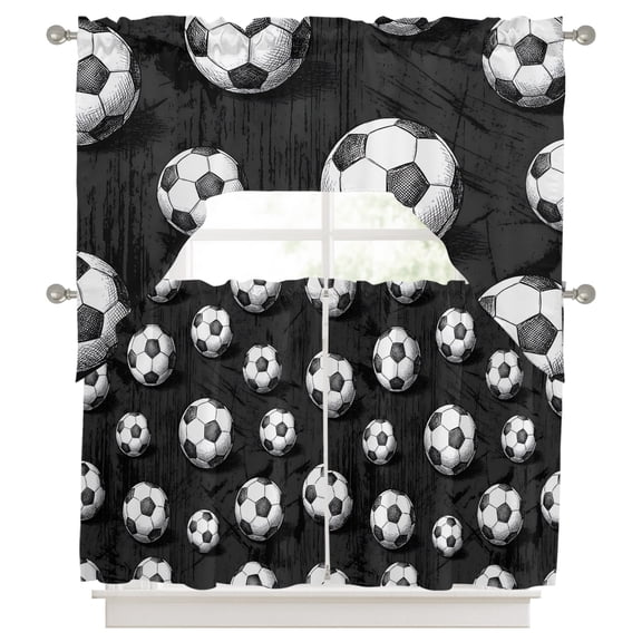 Black Footballs Kitchen Curtains Swag Valance and Tier Curtains Set 36 Inch Length, Balls Sports Games Retro Charcoal Texture Rod Pocket Drape Panels Pair Swag Curtains for Bathroom/Cafe/Window
