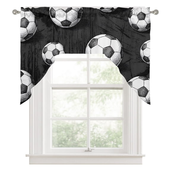 Black Footballs Kitchen Curtains Swag Valance for Windows/Bathroom/Cafe, Balls Sports Games Retro Charcoal Texture Rod Pocket Drape Panel Swag Curtains Valance for Bedroom/Living Room 56"x36"
