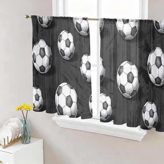 Black Footballs Sheer Curtains for Living Room Bedroom Balls Sports Games Retro Charcoal Texture Sheer Curtains 54 Inch Long 2 Panels Set Light Filtering Curtain Window Treatments Dining Room Drapes