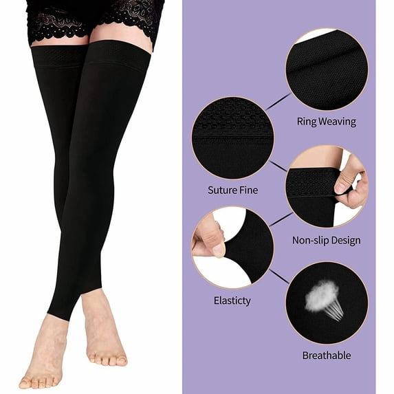 Black Footless Compression Socks 20-30mmHg Thigh High Stretch Support Stockings for Adult Men and Women