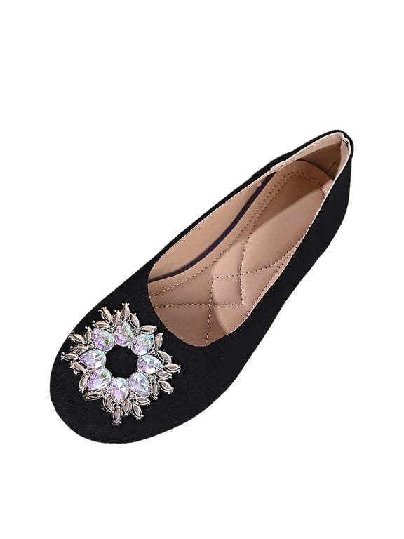 Black For Ladies Soft Soled, French Rhinestone One Foot Flat Shoes Versatile