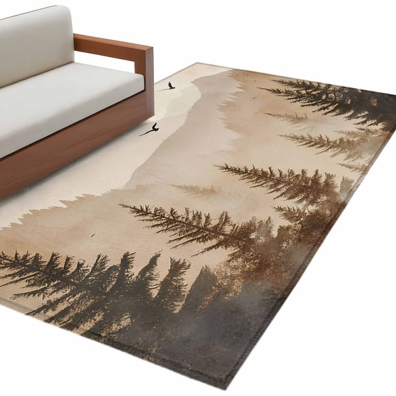 Black Forest 3'x5' Washable Rug, Silhouettes Foggy Grey Pine Tree Cabin Birds Non-Slip Area Rugs for Entryway Kitchen Classroom, Dorm Throw Carpet, Low Pile Soft Indoor Floor Mat
