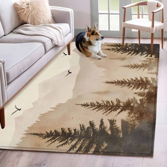 Black Forest Area Rug 3x5 FT, Non Slip Entryway Bedside Carpet, Silhouettes Foggy Grey Pine Tree Cabin Birds Washable Soft Floor Carpet Indoor Mat Non-Shedding Throw Rug for Dorm Kitchen Home Office
