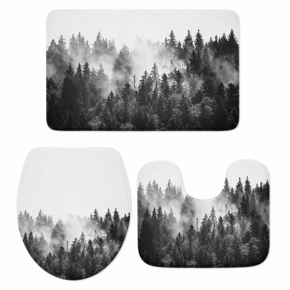 Black Forest Bath Mat 3 Piece Bathroom Rug Set,Black and White Natural Landscape Modern Abstract Art Non Slip Bath Rug Contour Mat and Toilet Lid Cover,Absorbent Shower Mats Bath Rugs and Mats Sets