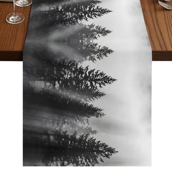 Black Forest Burlap Cotton Table Runner 13x36 Inches Short, Pine Tree Misty Botanical Natural Landscape Farmhouse Table Runners, Outdoor Dining Table Decor for Baby Shower/Party/Wedding