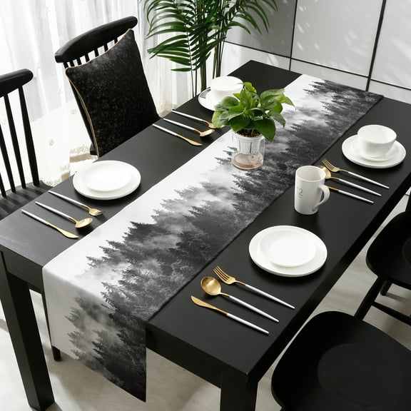 Black Forest Cotton Linen Small Table Runner 13 x 48 inch Black and White Natural Landscape Modern Abstract Art Non-slip Rectangular Dining Table Decor for Wedding Party Holiday Dinner