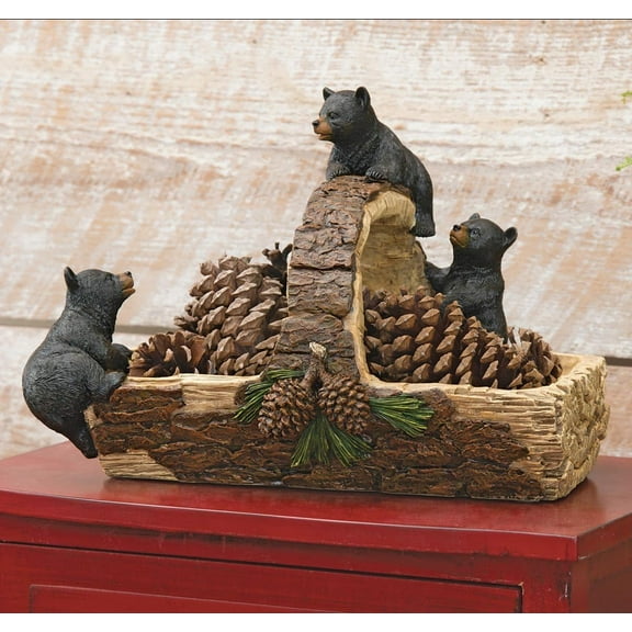 Black Forest Dcor Black Bear & Log Basket Hand-Painted Polyresin Basket with Pinecone Accents, 13.5" x 9.5" x 10"