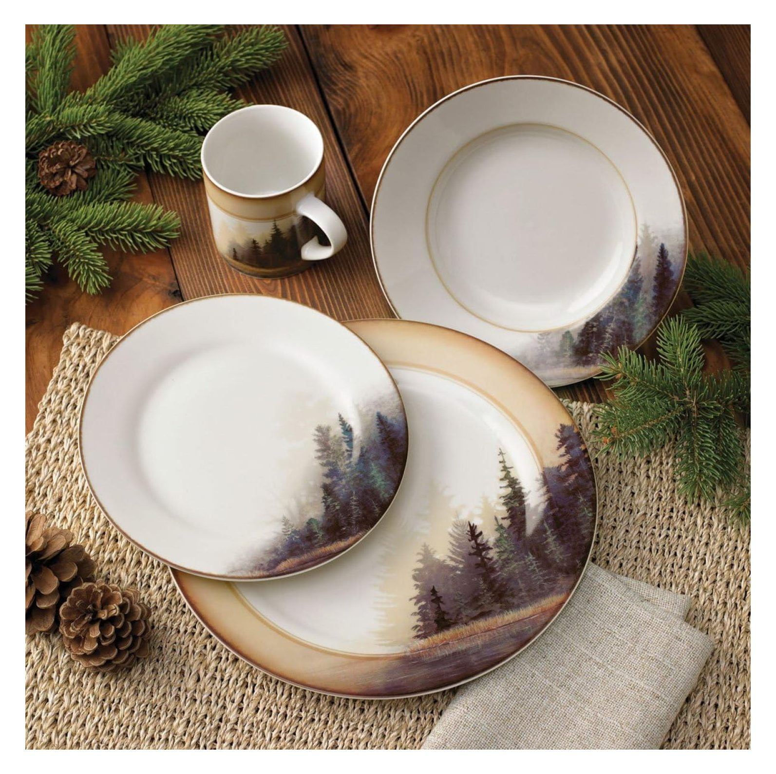 Black Forest Decor Misty Forest Cabin Dinnerware Set Rustic Plates Bowls Mugs 16 Pcs