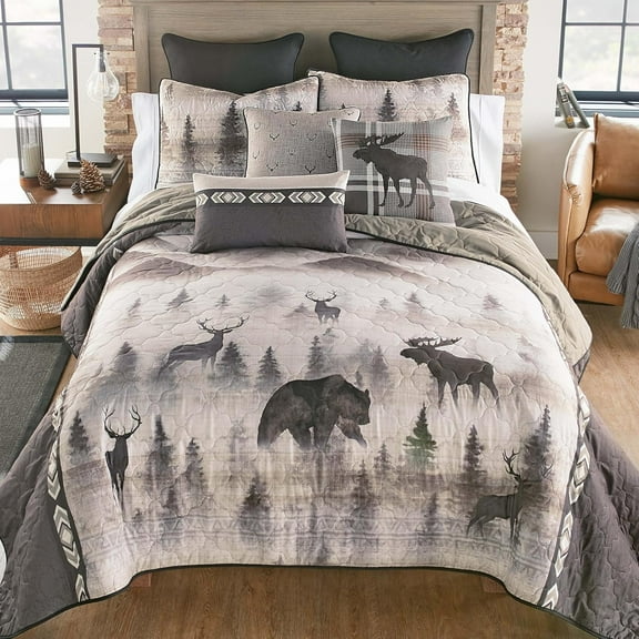 Black Forest Décor Morning Mist Wildlife Quilt Bed Set - Queen, Rustic Lodge Bedding - 90" x 90"