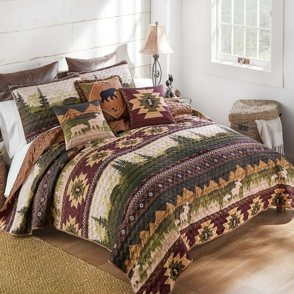 Black Forest Décor Mountain Meadow Moose & Bear Quilt Bed Set - Queen – Rustic Reversible Oversized Bedding, 90" x 90" Quilt with Shams