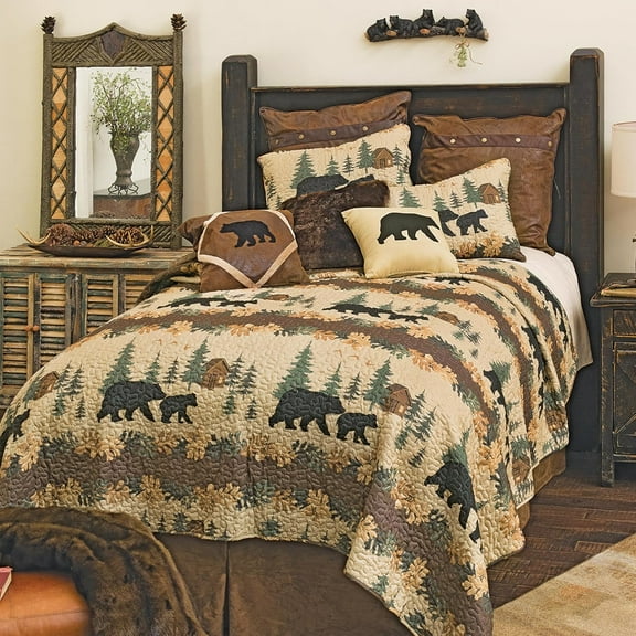 Black Forest Décor Rustic Queen Size Comforter Set – Cabin Theme Bedding with Bear and Wildlife Prints, Cozy and Warm Country Lodge Quilt