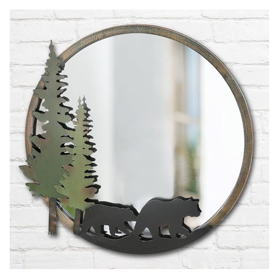 Black Forest Décor Rustic Round Wall Mirror with Bear - Style Metal Frame