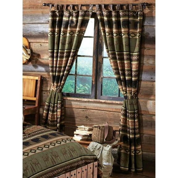 Black Forest Dcor Timber Woods Moose & Bear Drapes - Rustic Lodge Chenille Curtains with Faux Leather Tabs