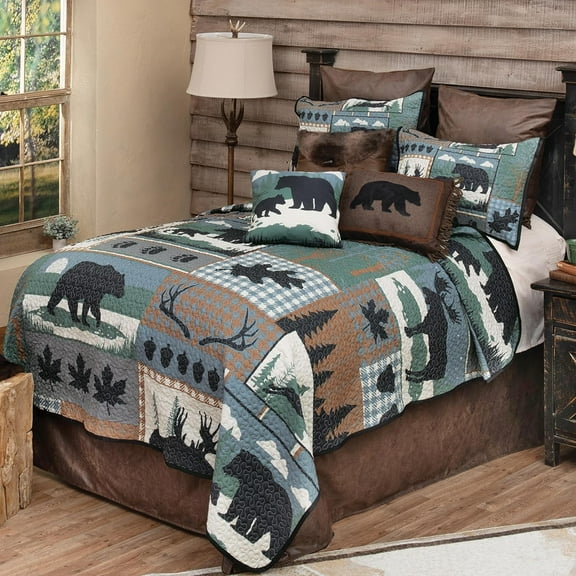 Black Forest Décor Twilight Woods Bear & Moose Quilt Bed Set - King, Rustic Woodland Bedding - 105" x 95"