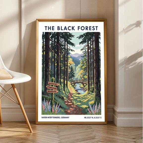 Black Forest Germany Poster – Green, Brown, Blue And Yellow Art | Vintage Travel Print – Nature Illustration For Living Room Or Office, Stretched Canvas Size 12x18