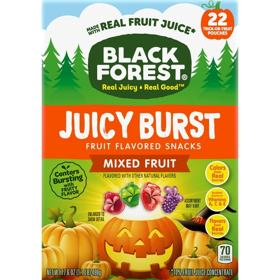 Black Forest Juicy Burst Fruit Snacks, Assorted Fruit Flavors, Gluten-Free Halloween Fruity, Gummy, Treats, 22 Pouches