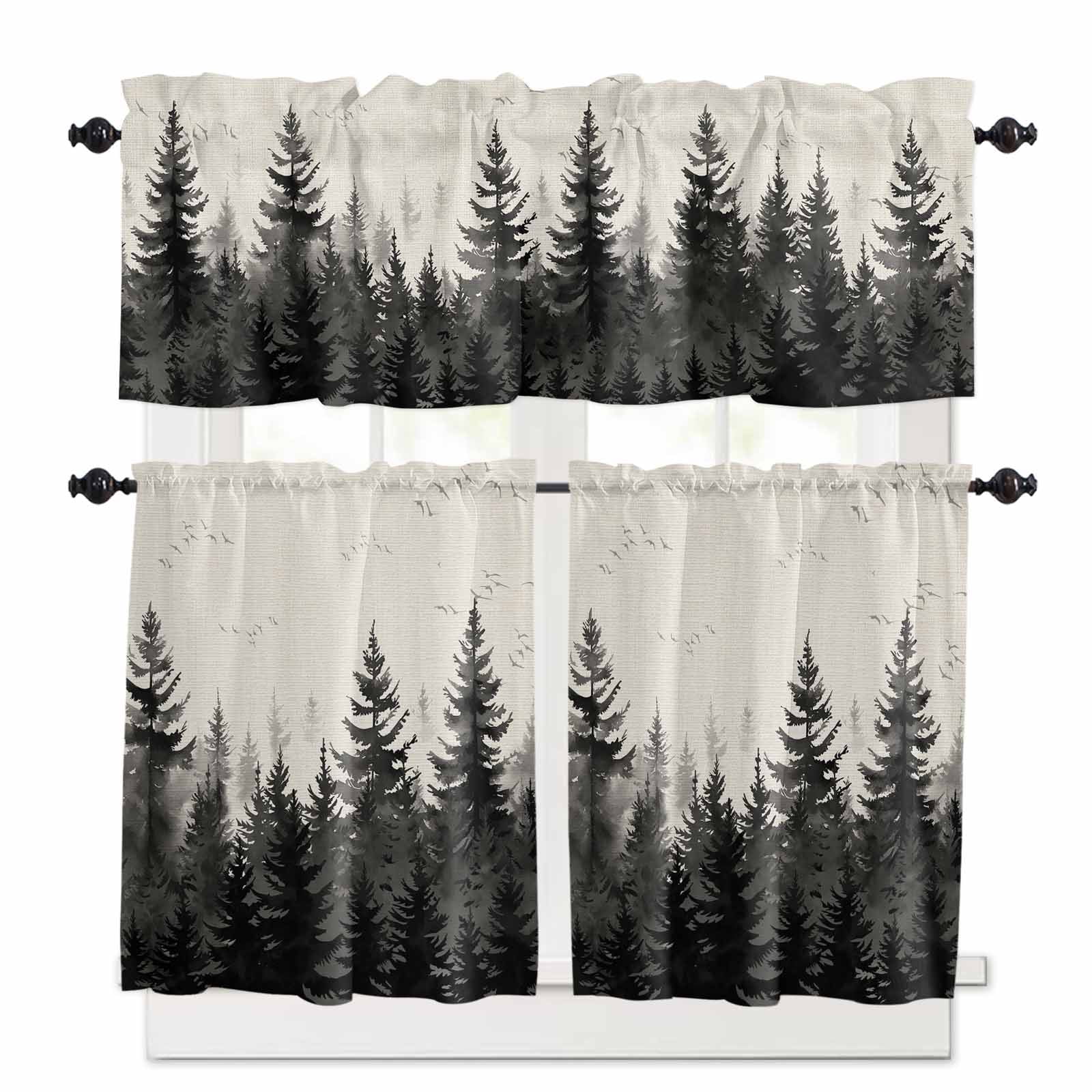 Black Forest Kitchen Curtains Valance and Tier Set Tree Bird Nature Landscape Linen Rod Pocket Short Curtains for Small Window 3 Pieces Set for Bedroom Bathroom Cafe (54" x 18"+27" x 24")