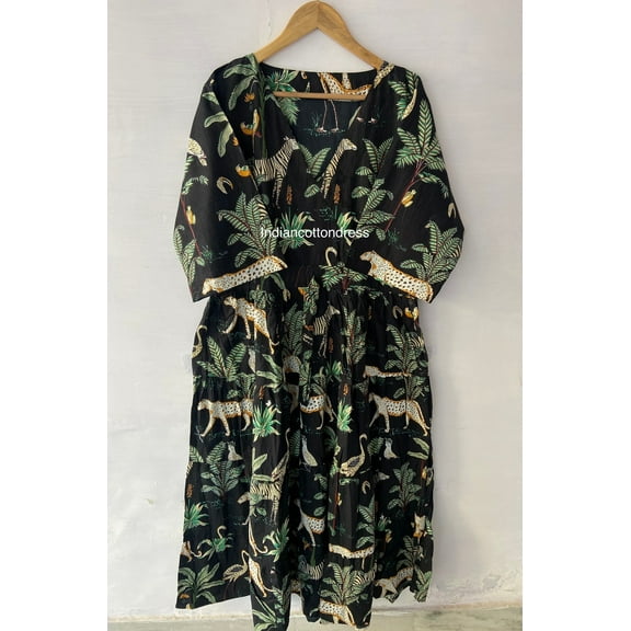 Black Forest Leopard Printed Cotton Dress, Handblock Dress, Block Printed Dress, Handmade Dresses