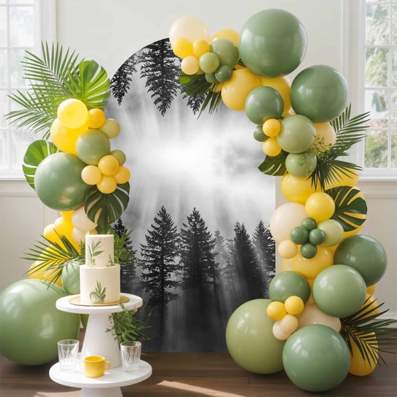 Black Forest Mist Scenery Arch Backdrop Cover, 4FT, Nature Pine Trees Sunbeams Modern Spandex Arch Covers Double-Sided Backdrop for Wedding Birthday Party Photo Background Decoration