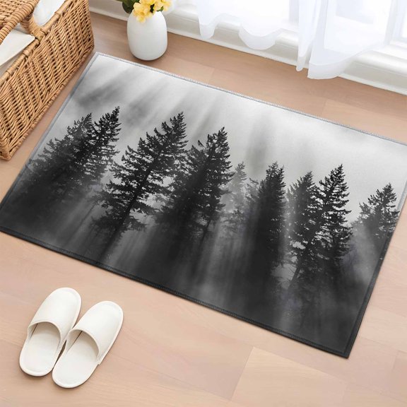 Black Forest Mist Scenery Entryway Rug 2'x3' Nature Pine Trees Sunbeams Modern Small Area Rug Non-Slip Front Door Mat Washable Floor Carpet for Indoor Entrance Kitchen Bathroom