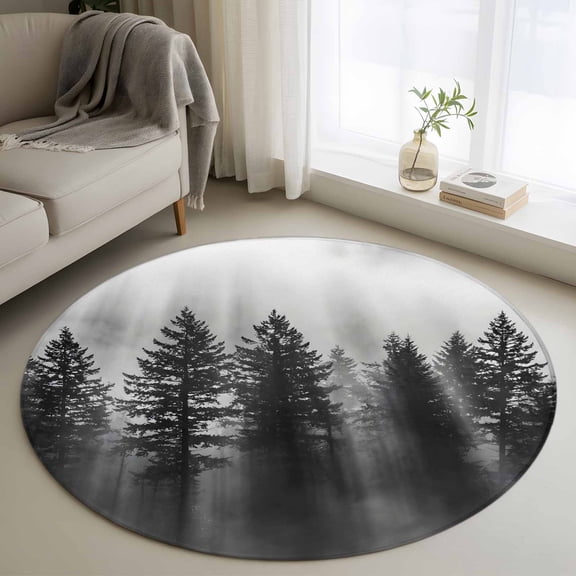 Black Forest Mist Scenery Round Rug 4Ft Nature Pine Trees Sunbeams Modern Circle Area Rugs Washable Non Slip Indoor Floor Mats Carpet for Living Room Bedroom Dining Room Home Decor