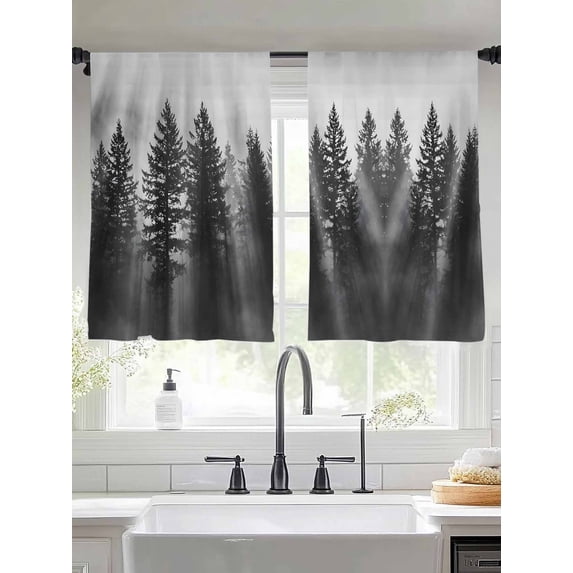 Black Forest Mist Scenery Sheer Curtains 54 inches Long, Nature Pine ...