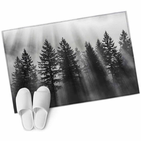 Black Forest Mist Scenery Washable Small Entryway Area Rugs 2'x3', Nature Pine Trees Sunbeams Modern Low Pile Throw Rug Non-Slip Sturdy Edge Binding Carpet for Front Door Floor Room Entry