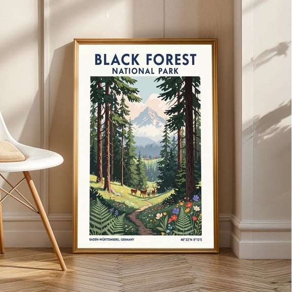 Black Forest National Park Poster – Green, Brown And Blue Nature Art | Vintage Travel Illustration – Living Room, Office Decor, Unframed Poster Size 8x12