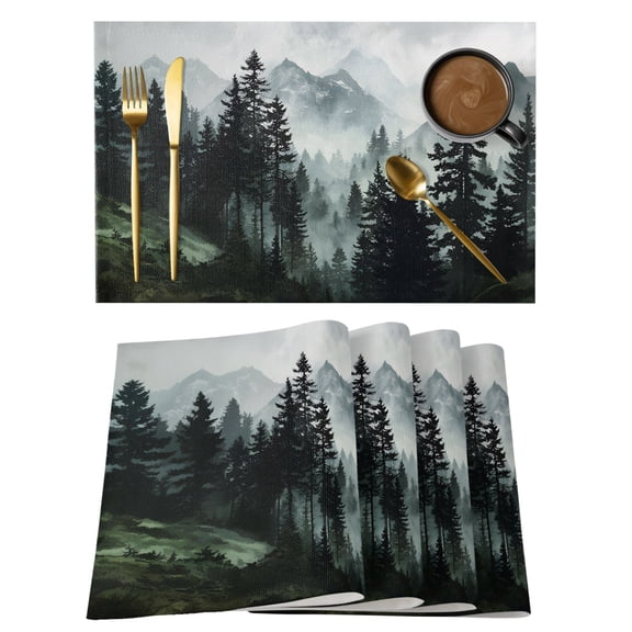 Black Forest Placemats Set of 4 Nature Foggy Mountain Pine Tree Place Mats Indoor Wipeable Table Mats Washable Cloth Dining Table Placemats for Kitchen Holiday Party Home Decor 13x19 Inch
